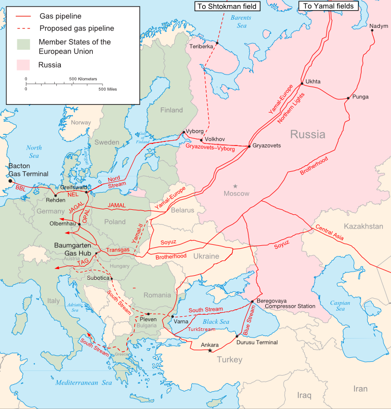 Major russian gas pipelines to europe Image Samuel Bailey Wikimedia Commons
